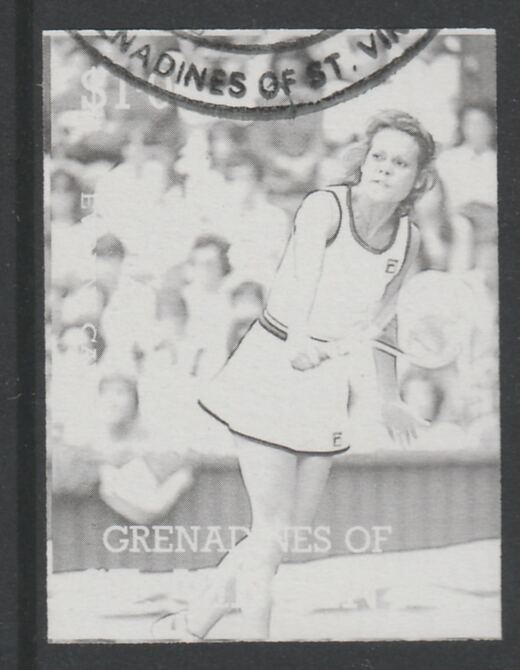 St Vincent - Grenadines 1988 International Tennis Players $1 Evonne Crawley imperf proof in black only, fine used with part St Vincent Grenadines cancellation, produced for a promotion. Ex Format archives (as SG 585)