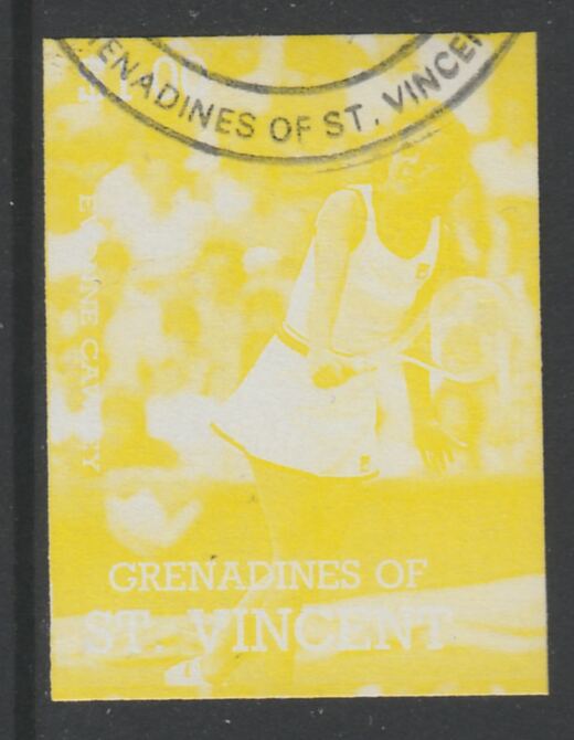 St Vincent - Grenadines 1988 International Tennis Players $1 Evonne Crawley imperf proof in yellow only, fine used with part St Vincent Grenadines cancellation, produced for a promotion. Ex Format archives (as SG 585)