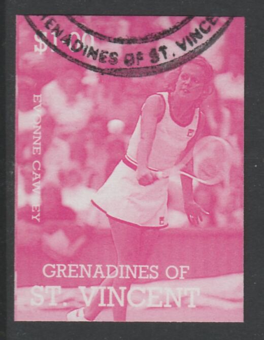 St Vincent - Grenadines 1988 International Tennis Players $1 Evonne Crawley imperf proof in magenta only, fine used with part St Vincent Grenadines cancellation, produced for a promotion. Ex Format archives (as SG 585)