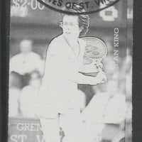 St Vincent - Grenadines 1988 International Tennis Players $2 Billie Jean King imperf proof in black only, fine used with part St Vincent Grenadines cancellation, produced for a promotion. Ex Format archives (as SG 587)