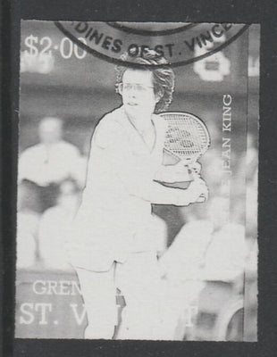 St Vincent - Grenadines 1988 International Tennis Players $2 Billie Jean King imperf proof in black only, fine used with part St Vincent Grenadines cancellation, produced for a promotion. Ex Format archives (as SG 587)