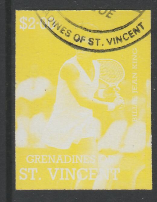 St Vincent - Grenadines 1988 International Tennis Players $2 Billie Jean King imperf proof in yellow only, fine used with part St Vincent Grenadines cancellation, produced for a promotion. Ex Format archives (as SG 587)