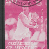 St Vincent - Grenadines 1988 International Tennis Players $2 Billie Jean King imperf proof in magenta only, fine used with part St Vincent Grenadines cancellation, produced for a promotion. Ex Format archives (as SG 587)