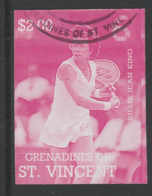 St Vincent - Grenadines 1988 International Tennis Players $2 Billie Jean King imperf proof in magenta only, fine used with part St Vincent Grenadines cancellation, produced for a promotion. Ex Format archives (as SG 587)