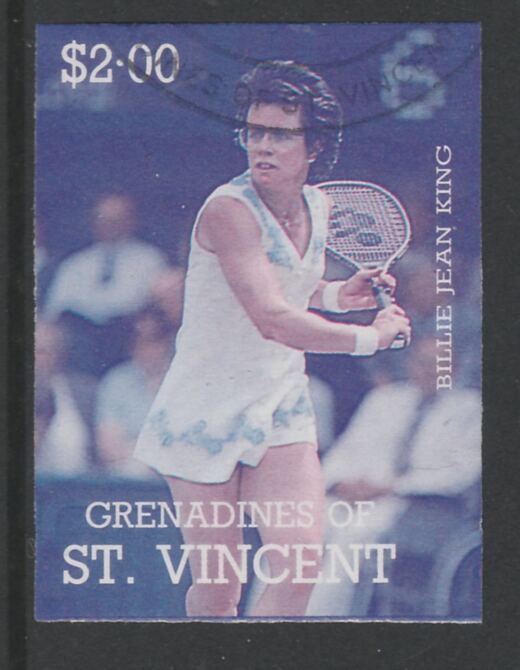 St Vincent - Grenadines 1988 International Tennis Players $2 Billie Jean King imperf proof in magenta & cyan only, fine used with part St Vincent Grenadines cancellation, produced for a promotion. Ex Format archives (as SG 587)
