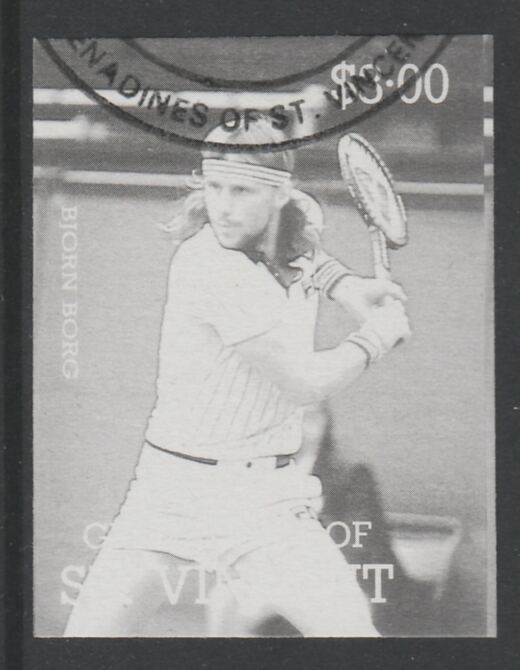 St Vincent - Grenadines 1988 International Tennis Players $3 Bjorn Borg imperf proof in black only, fine used with part St Vincent Grenadines cancellation, produced for a promotion. Ex Format archives (as SG 588)