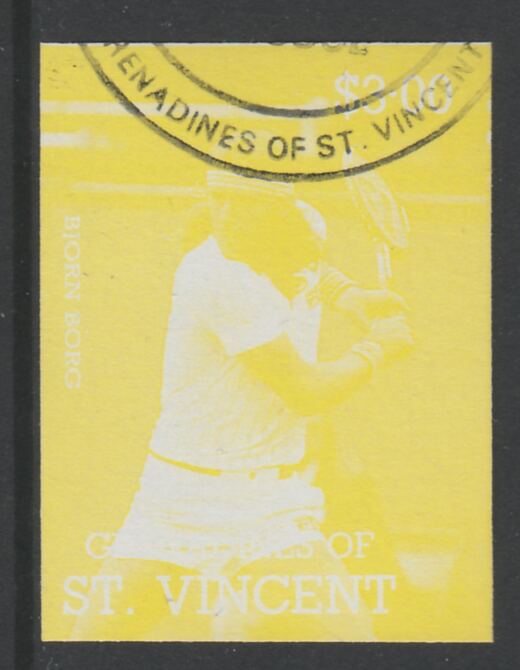 St Vincent - Grenadines 1988 International Tennis Players $3 Bjorn Borg imperf proof in yellow only, fine used with part St Vincent Grenadines cancellation, produced for a promotion. Ex Format archives (as SG 588)