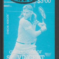 St Vincent - Grenadines 1988 International Tennis Players $3 Bjorn Borg imperf proof in cyan only, fine used with part St Vincent Grenadines cancellation, produced for a promotion. Ex Format archives (as SG 588)