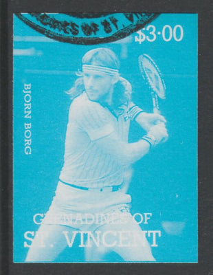 St Vincent - Grenadines 1988 International Tennis Players $3 Bjorn Borg imperf proof in cyan only, fine used with part St Vincent Grenadines cancellation, produced for a promotion. Ex Format archives (as SG 588)