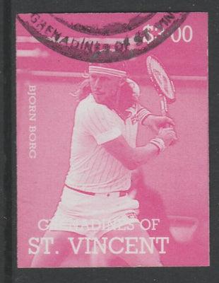 St Vincent - Grenadines 1988 International Tennis Players $3 Bjorn Borg imperf proof in magenta only, fine used with part St Vincent Grenadines cancellation, produced for a promotion. Ex Format archives (as SG 588)