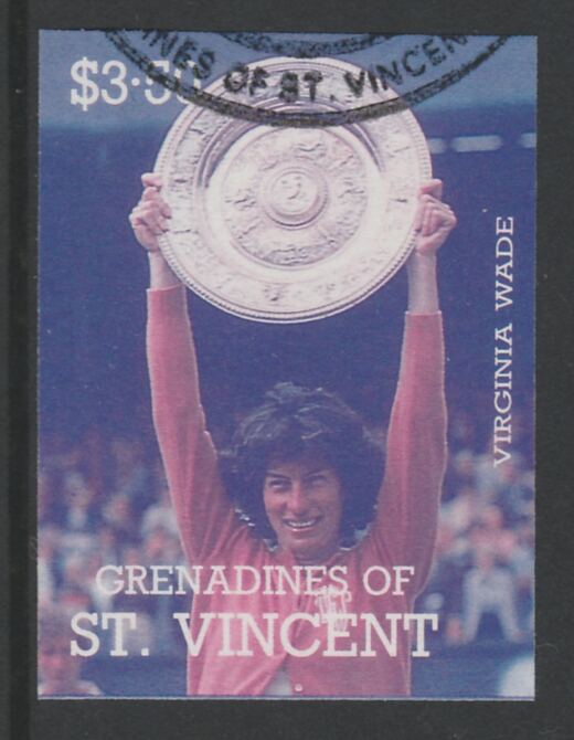 St Vincent - Grenadines 1988 International Tennis Players $3.50 Virginia Wade imperf proof in magenta & cyan only, fine used with part St Vincent Grenadines cancellation, produced for a promotion. Ex Format archives (as SG 589)