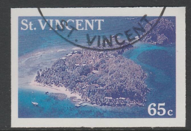 St Vincent 1988 Tourism 65c Aerial View of Young Island imperf proof in magenta & cyan only, fine used with part St Vincent cancellation, produced for a promotion. Ex Format International archives (as SG 1135)