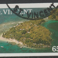 St Vincent 1988 Tourism 65c Aerial View of Young Island imperf proof in 3 colours only (magenta, cyan & yellow only), fine used with part St Vincent cancellation, produced for a promotion. Ex Format International archives (as SG 1135)