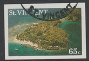 St Vincent 1988 Tourism 65c Aerial View of Young Island imperf proof in 3 colours only (magenta, cyan & yellow only), fine used with part St Vincent cancellation, produced for a promotion. Ex Format International archives (as SG 1135)
