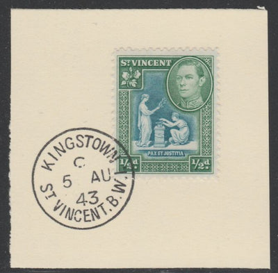 St Vincent 1938 KG6 Pictorial definitive 1/2d SG 149 on piece with full strike of Madame Joseph forged postmark type 372