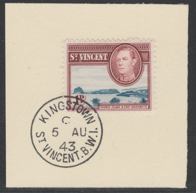 St Vincent 1938 KG6 Pictorial definitive 1d SG 150 on piece with full strike of Madame Joseph forged postmark type 372