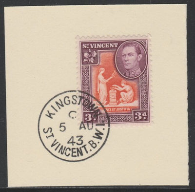 St Vincent 1938 KG6 Pictorial definitive 3d SG 154 on piece with full strike of Madame Joseph forged postmark type 372