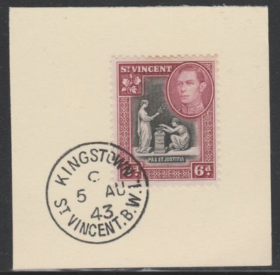 St Vincent 1938 KG6 Pictorial definitive 6d SG 155 on piece with full strike of Madame Joseph forged postmark type 372