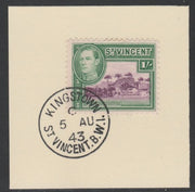 St Vincent 1938 KG6 Pictorial definitive 1s SG 156 on piece with full strike of Madame Joseph forged postmark type 372