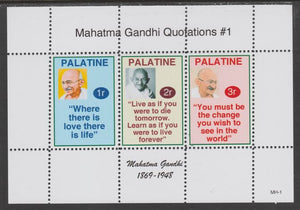 Palatine (Fantasy) Quotations by Mahatma Gandhi #1 perf deluxe glossy sheetlet containing 3 values each with a famous quotation,unmounted mint