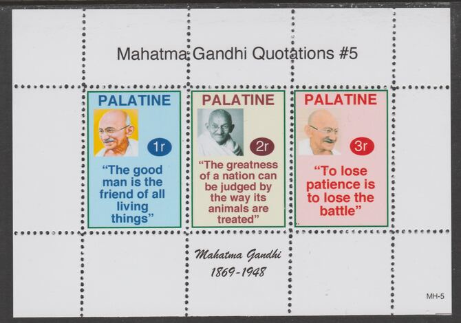 Palatine (Fantasy) Quotations by Mahatma Gandhi #5 perf deluxe glossy sheetlet containing 3 values each with a famous quotation,unmounted mint