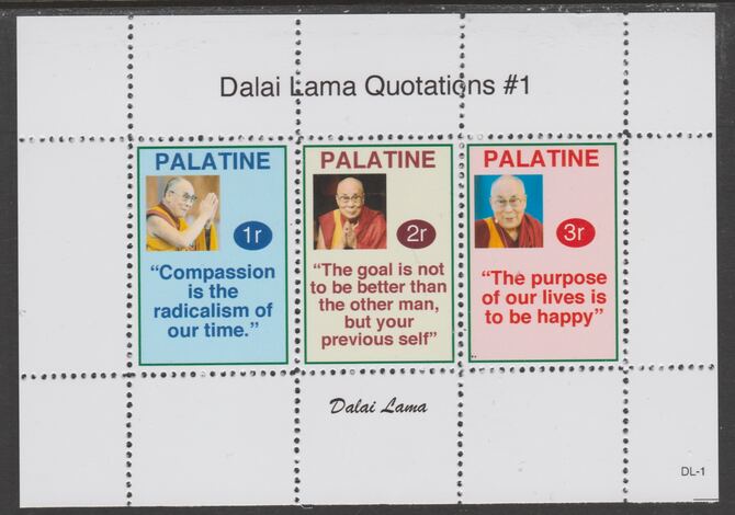 Palatine (Fantasy) Quotations by Dalai Lama #1 perf deluxe glossy sheetlet containing 3 values each with a famous quotation,unmounted mint