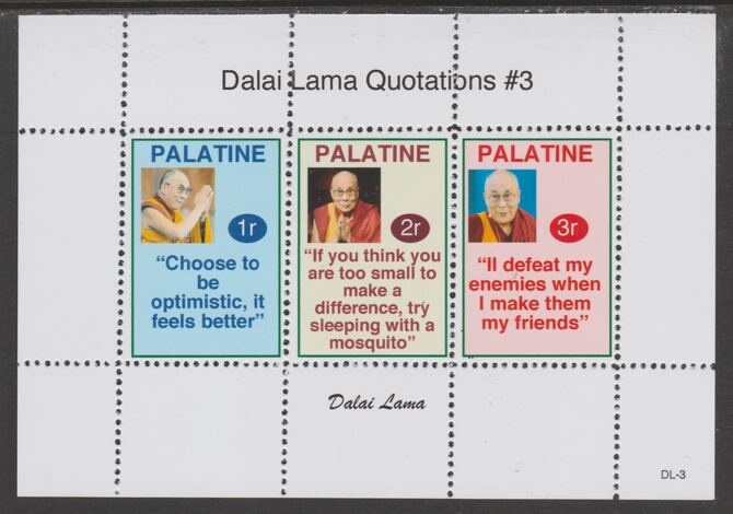 Palatine (Fantasy) Quotations by Dalai Lama #3 perf deluxe glossy sheetlet containing 3 values each with a famous quotation,unmounted mint
