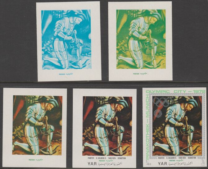 Yemen - Republic 1971 Munich Olympic Games - Paintings 1/4B Martyrdom by Holbein the set of 5 progressive proofs comprising 1, 2, 3, 4 colours and completed design all unmounted mint as Michel1328