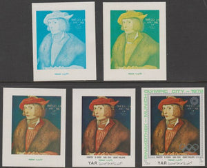 Yemen - Republic 1971 Munich Olympic Games - Paintings 1/3B Count Philip by Grien the set of 5 progressive proofs comprising 1, 2, 3, 4 colours and completed design all unmounted mint as Michel1329