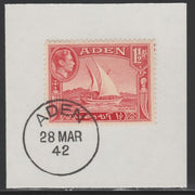 Aden 1939-48 KG6 Dhow 1.5a scarlet on piece with full strike of Madame Joseph forged postmark type 3