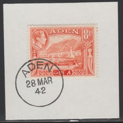 Aden 1939-48 KG6 Mukalla 8a red-orange on piece with full strike of Madame Joseph forged postmark type 3