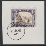 Aden 1939-48 KG6 Capture of Aden 10r sepia & violet on piece with full strike of Madame Joseph forged postmark type 3