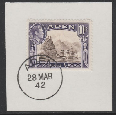 Aden 1939-48 KG6 Capture of Aden 10r sepia & violet on piece with full strike of Madame Joseph forged postmark type 3