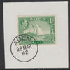 Aden 1939-48 KG6 Dhow 1r emerald-green on piece with full strike of Madame Joseph forged postmark type 3