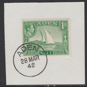 Aden 1939-48 KG6 Dhow 1r emerald-green on piece with full strike of Madame Joseph forged postmark type 3