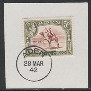 Aden 1939-48 KG6 Camel Corps 5r red-brown & olive-green on piece with full strike of Madame Joseph forged postmark type 3