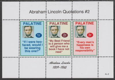Palatine (Fantasy) Quotations by Abraham Lincoln #2 perf deluxe glossy sheetlet containing 3 values each with a famous quotation,unmounted mint