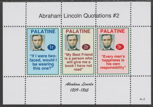 Palatine (Fantasy) Quotations by Abraham Lincoln #2 perf deluxe glossy sheetlet containing 3 values each with a famous quotation,unmounted mint