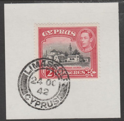 Cyprus 1938-51 KG6 Church of St Barnabas 2pi black & carmine SG 155b on piece with full strike of Madame Joseph forged postmark type 137