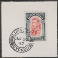 Cyprus 1938-51 KG6 £1 scarlet & indigo SG 163 on piece with full strike of Madame Joseph forged postmark type 137 cancelled on a cleaned fiscal