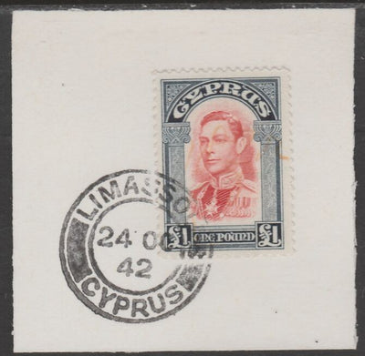 Cyprus 1938-51 KG6 £1 scarlet & indigo SG 163 on piece with full strike of Madame Joseph forged postmark type 137 cancelled on a cleaned fiscal