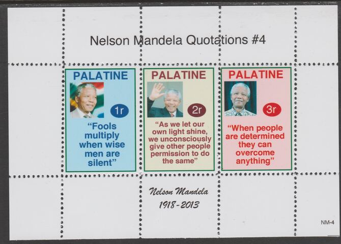 Palatine (Fantasy) Quotations by Nelson Mandela #4 perf deluxe glossy sheetlet containing 3 values each with a famous quotation,unmounted mint