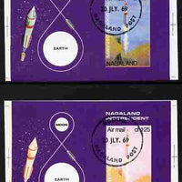 Nagaland 1969 The Moon programme 1ch25 m/sheet opt'd 'Lunar Landing Apollo 11' imperf proof with blue omitted plus normal both cto used