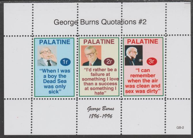 Palatine (Fantasy) Quotations by George Burns #2 perf deluxe glossy sheetlet containing 3 values each with a famous quotation,unmounted mint