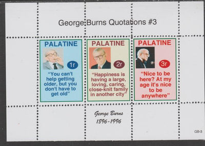 Palatine (Fantasy) Quotations by George Burns #3 perf deluxe glossy sheetlet containing 3 values each with a famous quotation,unmounted mint