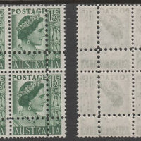 Australia 1949 Queen Elizabeth 1.5d green block of 4 with perforations doubled (stamps are quartered), unmounted mint. Note: the stamps are genuine but the additional perfs are a slightly different gauge identifying it to be a forgery.