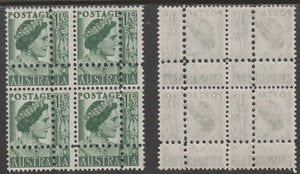 Australia 1949 Queen Elizabeth 1.5d green block of 4 with perforations doubled (stamps are quartered), unmounted mint. Note: the stamps are genuine but the additional perfs are a slightly different gauge identifying it to be a forgery.