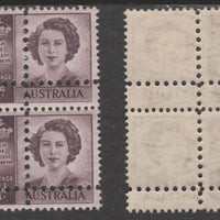 Australia 1947 Princess Elizabeth 1d purple block of 4 with perforations doubled (stamps are quartered), unmounted mint as SG 222var. Note: the stamps are genuine but the additional perfs are a slightly different gauge identifying it to be a forgery.