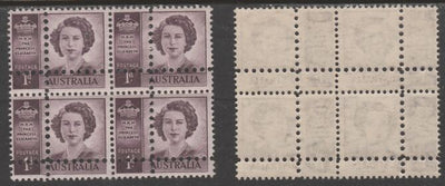 Australia 1947 Princess Elizabeth 1d purple block of 4 with perforations doubled (stamps are quartered), unmounted mint as SG 222var. Note: the stamps are genuine but the additional perfs are a slightly different gauge identifying it to be a forgery.