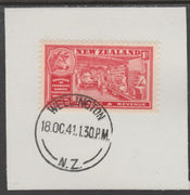 New Zealand 1936 Chamber of Commerce 1d scarlet (SG594) on piece with full strike of Madame Joseph forged postmark type 287